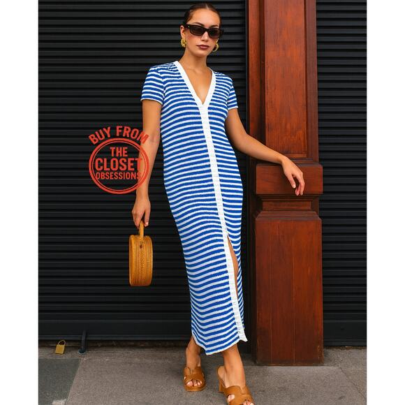 MANGO BLOGGER FAVE!!! Striped Knit Midi Dress NWT | Blue White Size 8 - Picture 1 of 16